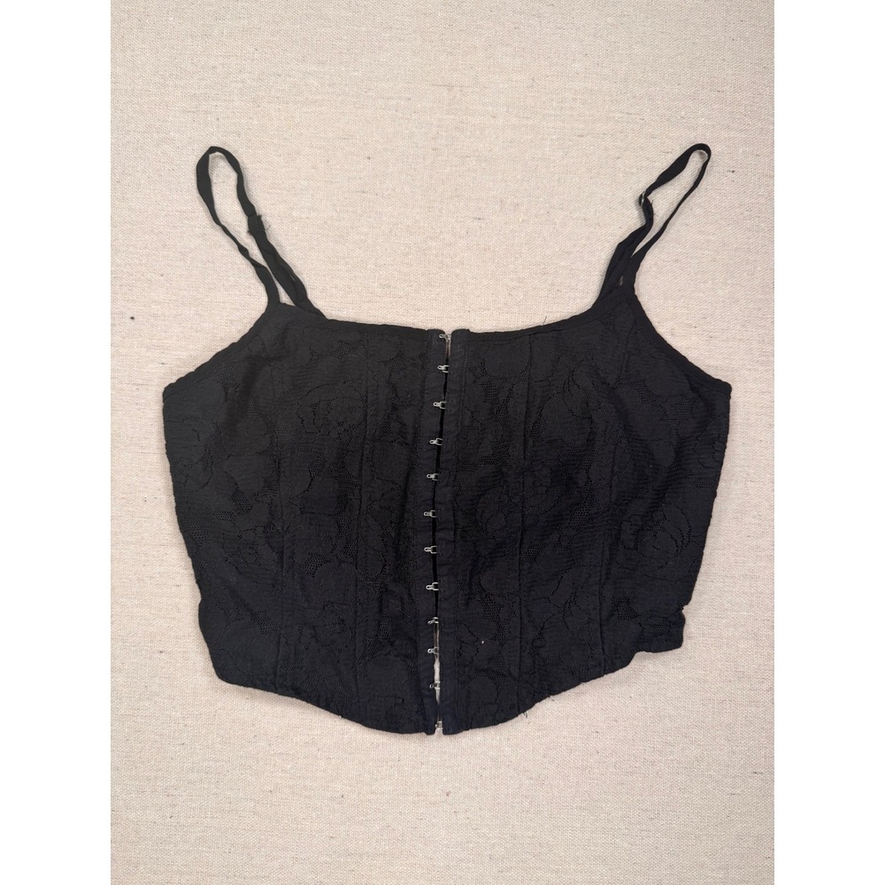 Wild Fable Black Floral Lace Corset Top Hook Eye Front Smocked Back Small